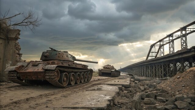 Abandoned T-34 Tank Near Ruined Bridge Under Dramatic Sky