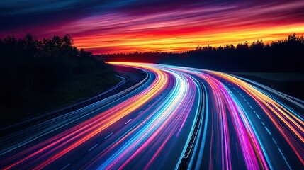Highway with colorful light trails, dynamic motion effect, digital marketing concept, futuristic speed theme.