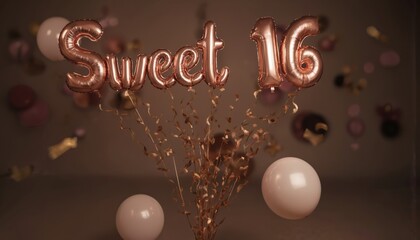Rose gold balloons spell out Sweet 16, celebrating milestone birthday. Festive decor includes balloons, streamers, light pastel colors. Perfect for party invitations, event planning, creating