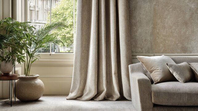 Beige linen curtains and furniture in a living room.