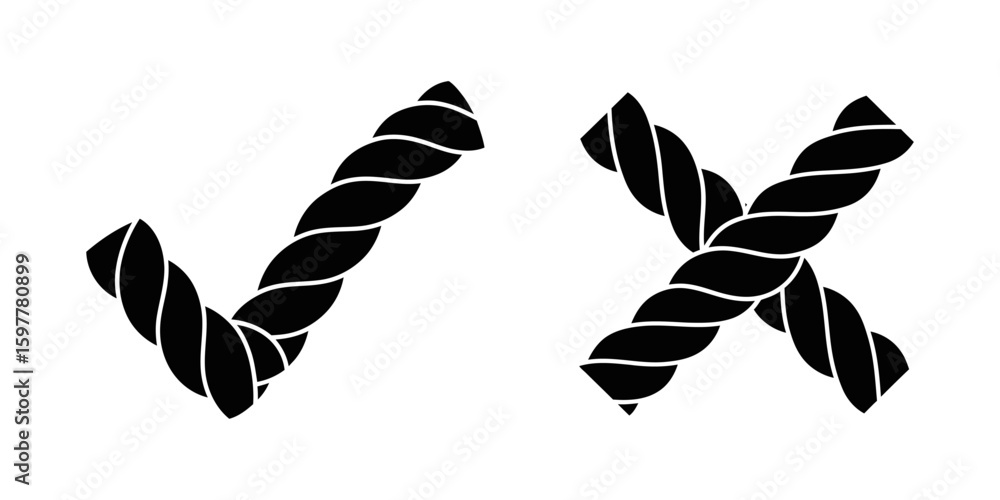 Poster black check and cross mark made from twisted rope for nautical theme design element choice validatio
