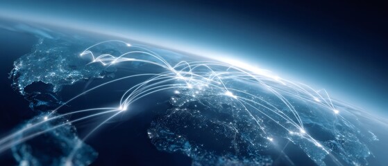 Global network flow connecting world cities, representing supply chain and logistics