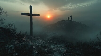 Holy cross standing above a radiant Golgotha hill, symbolizing Jesus Christâ€™s death and resurrection 