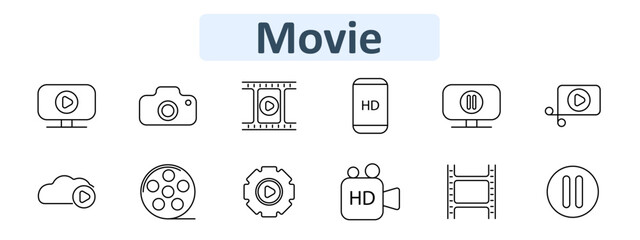 Movie icon set. Play on screen, camera, film frame, HD mobile, pause on monitor, connection with play, cloud with play, reel, gear with play, HD camera, filmstrip, pause circle.