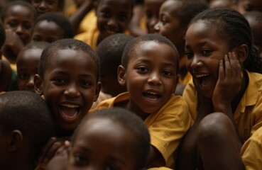 Diverse group of African children in bright yellow school uniforms sit closely together, faces full of joy, anticipation as listen intently to teacher. Expressions radiate happiness, engagement,