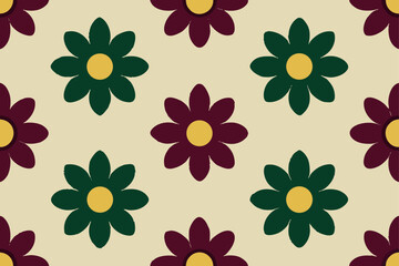 Obraz premium Burgundy Green Flowers Yellow Centers Pattern floral seamless