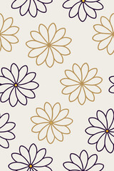 Fototapeta premium Daisy pattern with gold and navy outlines on cream background floral seamless