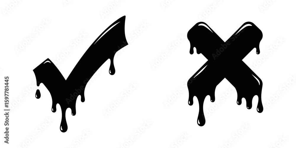 Poster black check and cross symbol with dripping liquid effect for creative graffiti style design element 