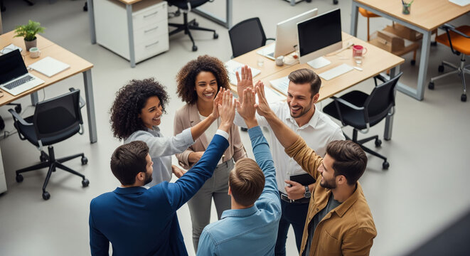 Team high five celebration in office