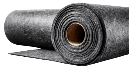 Roll of Roofing Material: A close-up of a large roll of industrial roofing material with a dark gray texture, showcasing its robust and durable composition, ready for construction projects.