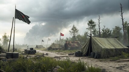 Stormy Abandoned Military Camp with Worn Tents and Scattered Gear in a Bleak Landscape