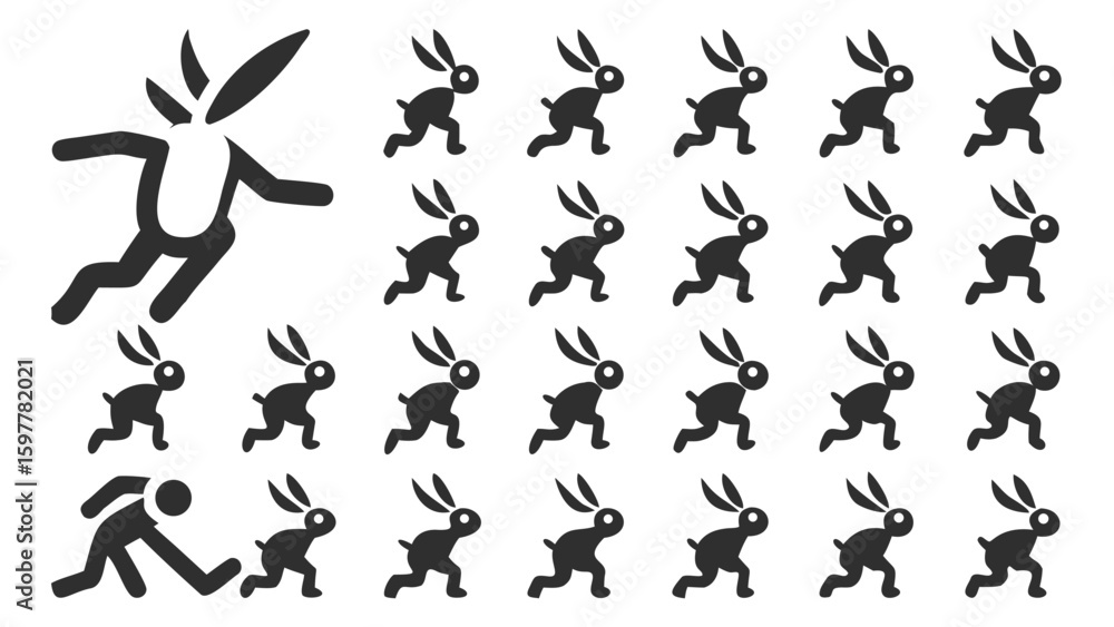 Poster abstract illustration of running figures and rabbits expressing movement and speed with a minimalist