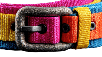 Colorful Belt with Buckle: A close-up shot highlights a vibrant belt featuring a metallic buckle, showcasing the artistry of its bold design, offering a striking mix of colors and textures.