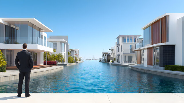 A man in a suit admires luxurious waterfront homes, reflecting success and serenity under a clear blue sky.