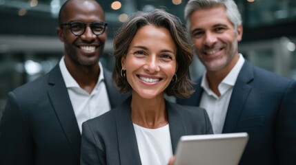 Diverse team of professionals smiling confidently in a business environment