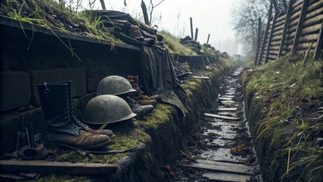 Abandoned World War One Trench with Soldier Gear and Muddy Pathway