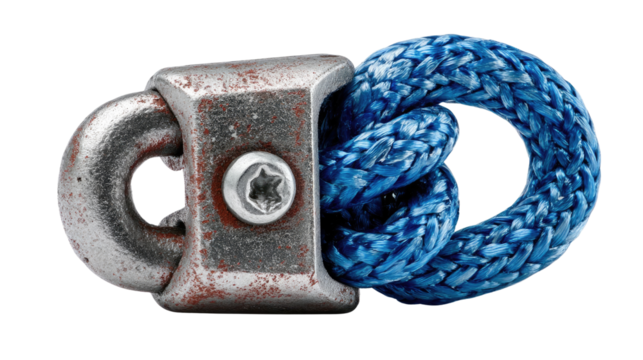 Anchor Hardware in Close-up: A close-up shot highlighting an anchor shackle, a durable metal component integral to securing ropes, chains, and other crucial rigging systems.