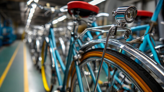 A row of vibrant turquoise bicycles with chrome detailing, showcasing their vintage charm and meticulously designed features. - Powered by Adobe