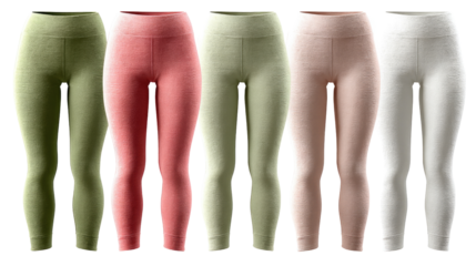 Vibrant Hues of Comfort: A spectrum of colorful leggings showcases style and comfort. Each pair boasts a unique color and texture, emphasizing fit and fashion.