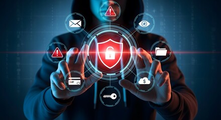 Hacker protecting digital data with glowing shield and security icons.