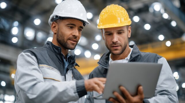 Engineers in safety gear collaborating on a project using a digital tablet