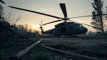 Helicopter on Ground at Sunset with Silhouetted Trees in Background
