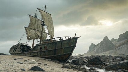 Abandoned Ship on Rocky Shore Under Dramatic Cloudy Sky