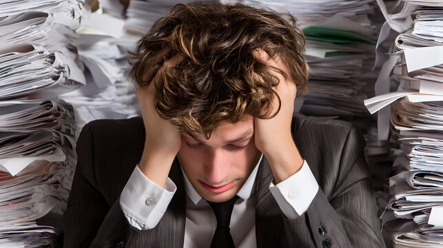 A stressed young Caucasian man in a suit with messy hair, overwhelmed by paperwork, illustrating the pressure of work.
