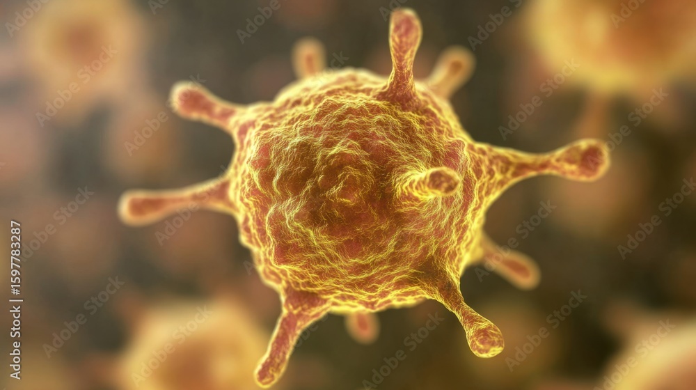 Poster close-up view of a virus particle under a digital microscope