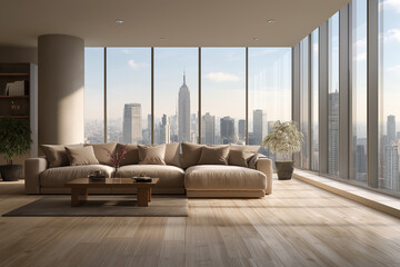 A modern condo living room with floor-to-ceiling windows showing city view, grey sofa, wooden floor,