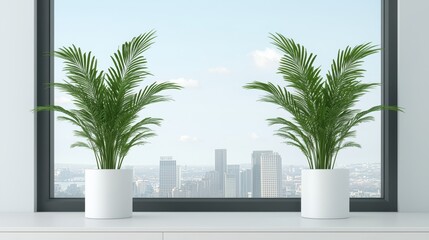 Fototapeta premium Lush Green Plants by Large Window Overlooking City Skyline