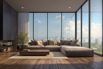 A modern condo living room with floor-to-ceiling windows showing city view, grey sofa, wooden floor,