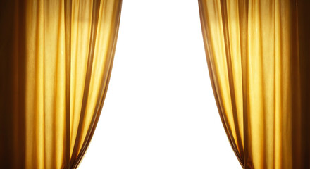 golden curtains opening to reveal a bright, glowing white background