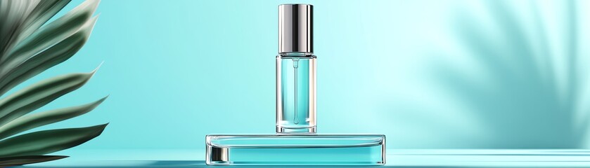A clear acne treatment vial displayed on a sleek glass pedestal