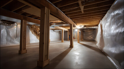 An empty, well-lit basement featuring exposed wooden beams and concrete flooring, creating a spacious and inviting atmosphere.