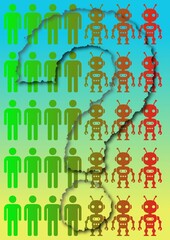 The evolving future: human figures transition into advanced robotics, illustrating the impact of AI and automation on society