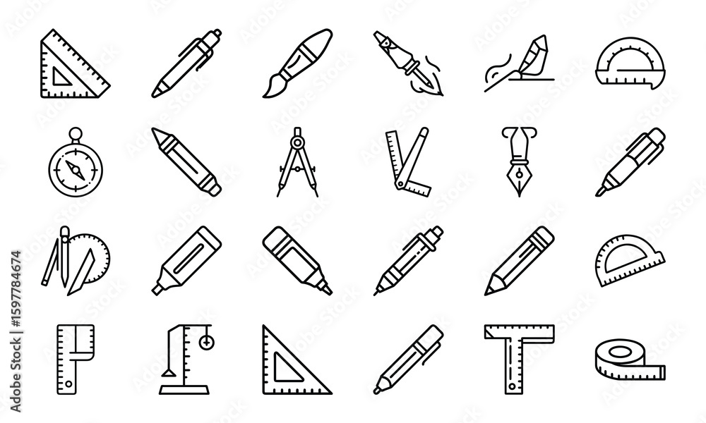 Poster collection of outline icons representing various tools used for drawing and measurement