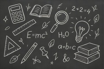 Chalkboard art showcases education with books, lightbulb, and scientific equations in white chalk.