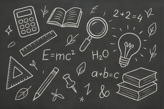 Chalkboard art showcases education with books, lightbulb, and scientific equations in white chalk.