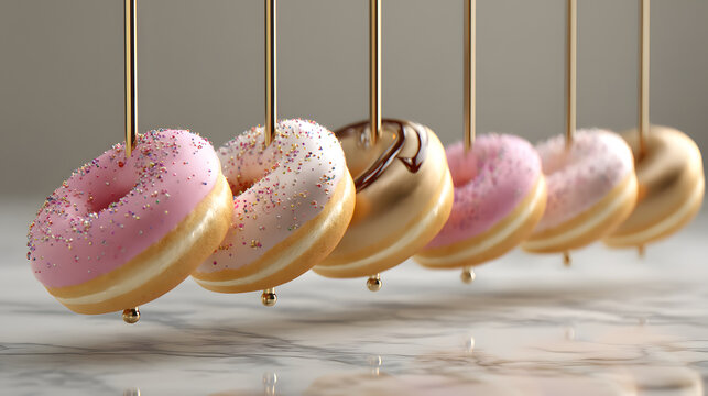 A colorful assortment of hanging donuts, featuring pink frosting with sprinkles and chocolate glaze, artfully displayed on golden sticks. - Powered by Adobe