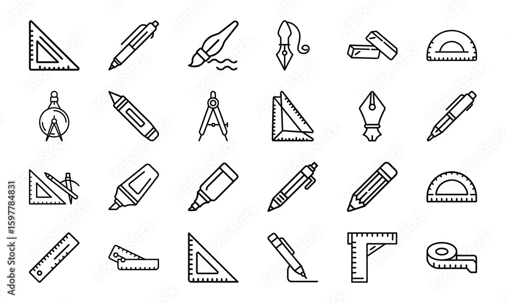 Poster a collection of minimalist line art icons representing various drawing and drafting tools