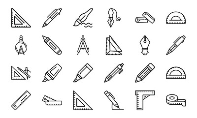 A collection of minimalist line art icons representing various drawing and drafting tools