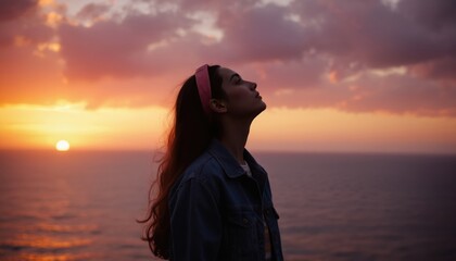 Young woman silhouette gazes towards vibrant ocean sunset with long hair. Dusk sky displays warm orange, pink clouds. Peaceful evening seascape inspires hope, freedom, relaxation. Golden hour