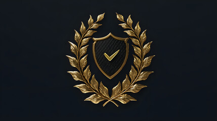 A golden laurel wreath encircling an elegantly designed shield with a checkmark, symbolizing achievement and excellence.