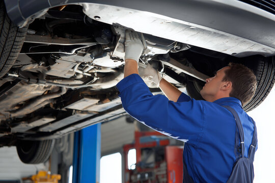 man repairing car underside in blue uniform with gloves in auto workshop - Powered by Adobe