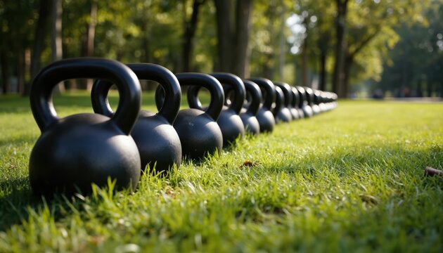Row of black kettlebells on lush green grass in park. Outdoor fitness equipment set for strength training exercise. Used for bootcamp, yoga, weightlifting, workout sessions.