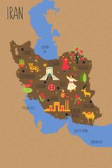 Iran cartoon map vector colorful background, Persian country adventure doodle illustration, Azadi Tower, Persepolis ancient town, children poster design travel wallpaper animal, food for play kid