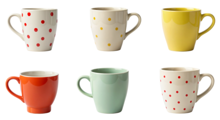 a colorful set of six various ceramic tea cups or coffee mugs