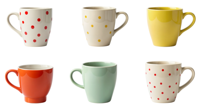 a colorful set of six various ceramic tea cups or coffee mugs
