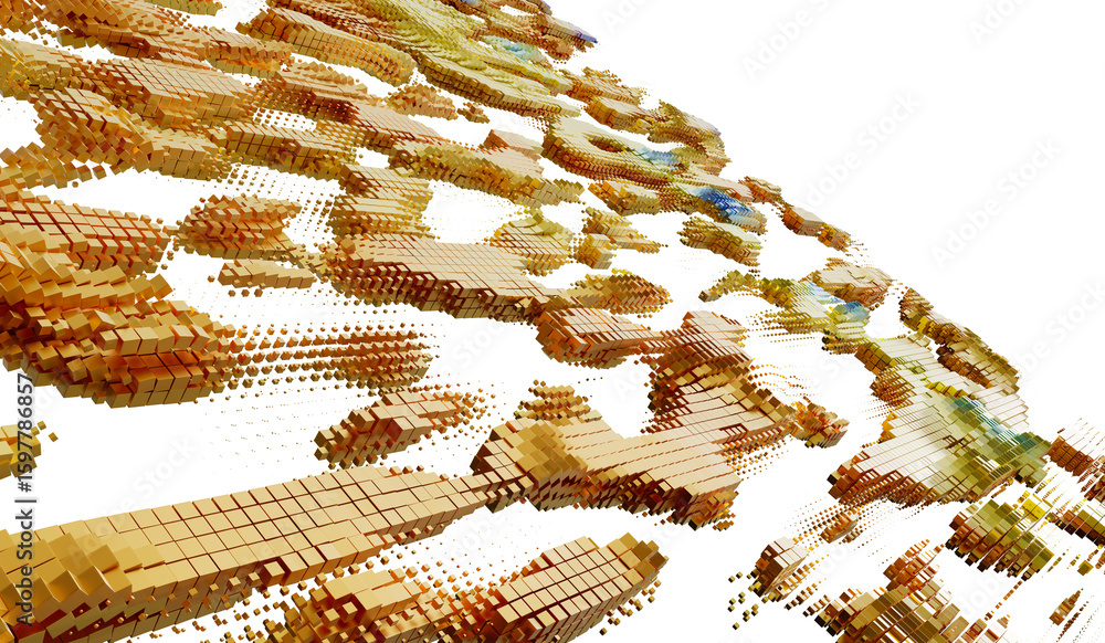 Poster digital gold cubes flow, abstract data visualization, technology background, 3d render.